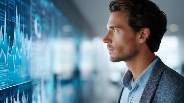 A determined man in business attire studies advanced analytics on a transparent digital interface in a bright office. The scene highlights innovation, technology, and data driven decision making