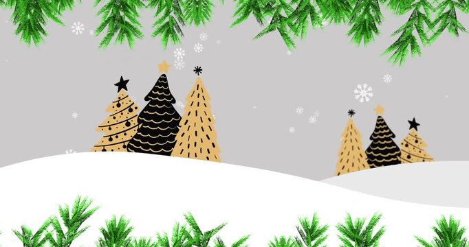 Christmas trees and snowflakes animating over snowy landscape with green pine branches