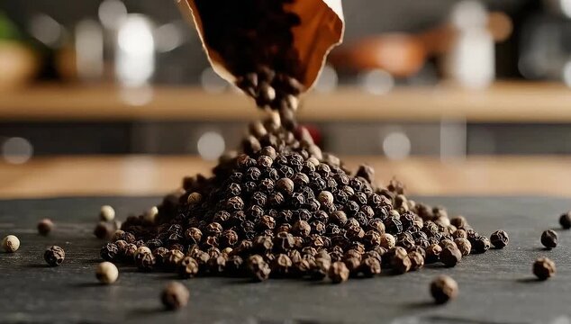 Hand pouring coffee beans from brown paper bag onto dark surface