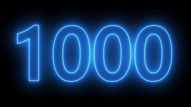 glowing neon text 1,000 number countdown icon. flickering neon number 1,000 on black background.
