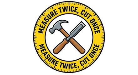 Measure Twice Cut Once Woodworking Motto Sticker, Hammer and Chisel Tool Icon Illustration