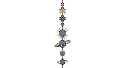 Minimalist Vertical Solar System Alignment Art, Elegant Desaturated Gold and Grey Planetary Decor © Shabbir