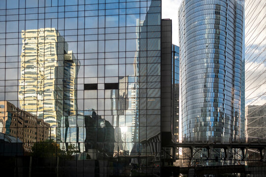 Architecture skyscraper office corporate reflection glass grid facade, Paris La Defense mirrored tower texture for modern business branding