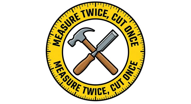 Measure Twice Cut Once Woodworking Motto Sticker, Hammer and Chisel Tool Icon Illustration