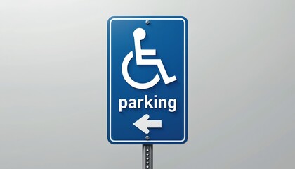 Blue disabled parking sign with white wheelchair symbol, parking text. Clear directional arrow points to reserved spot. Road sign promotes accessibility, care for people with physical limitations in