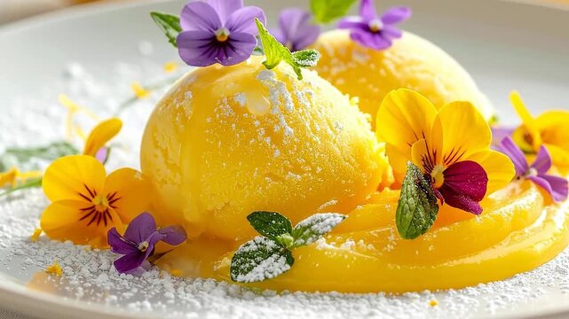 Delicious mango sorbet served with fresh mango slices and edible flowers.