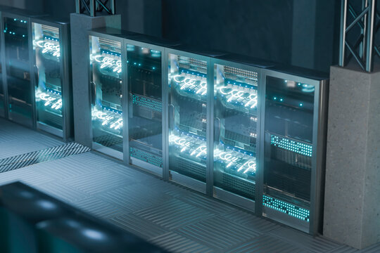 3D data center with glowing glass cabinet interior