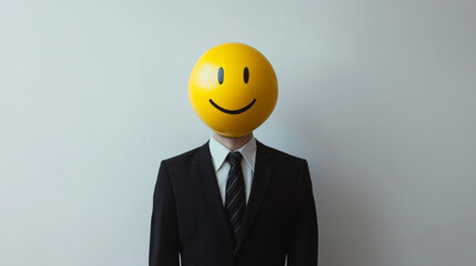 Businessman with Smiley Face Mask Symbolizing Emotional Labor