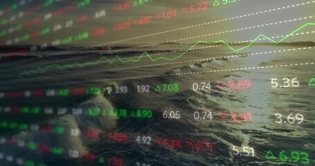 Stock market data animating over ocean waves during sunset, creating dynamic scene - Powered by Adobe