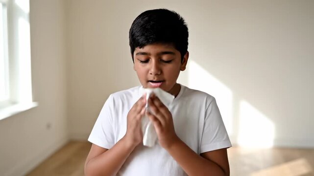 Sick indian kid with flu symptoms sneezing and blowing his nose in a tissue before smiling, showing relief and recovery. Allergic child suffering from seasonal allergy or rhinitis