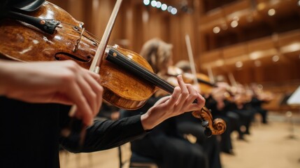 The Violins of an Orchestra Performing in a Grand Concert Hall With Focused Musicians