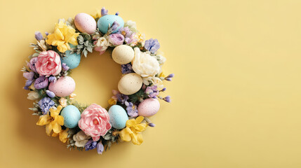 Easter wreath with pastel eggs, spring flowers, green leaves on pastel yellow background. Festive seasonal decoration concept with copy space for greeting cards, banners