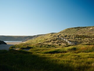 Scenic coastal path with wooden fence winding through grassy dunes overlooking sandy beach and ocean bay under clear blue sky