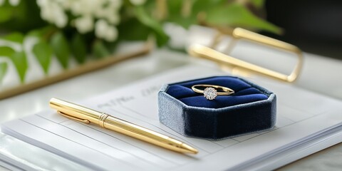 Golden ring with diamonds in blue box and gold pen on marriage contract