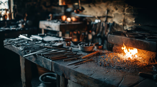 silversmith. Traditional silversmith workshop with forge firelight reflecting on metal surfaces and arranged tools. safety posters.