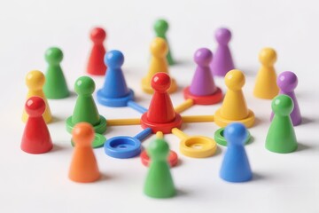 Board game pieces arrangement, isolated on white background, social connection concept
