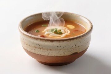 Ceramic soup bowl with steam, isolated on white background, cozy winter food concept
