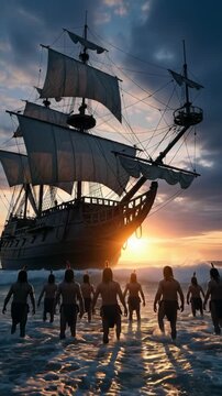 Indigenous people observe a large European sailing ship approaching an island shoreline at sunset, symbolizing the dawn of colonization and cultural encounters.