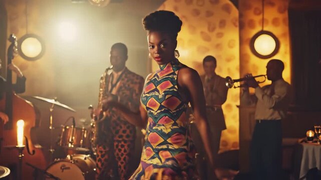 An African American woman in a colorful dress performs a spirited dance. A live jazz band plays behind her. The scene evokes the jazz age spirit. video jazz age dance