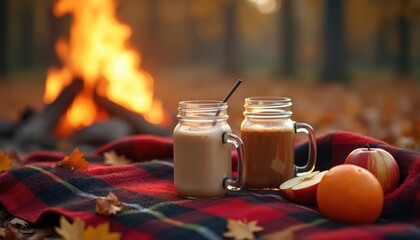 Warm campfire with cozy drinks on a blanket. Autumn atmosphere surrounds the scene with orange fruits and leaves. Evening photo with fire and hot beverages creates a leisure mood.