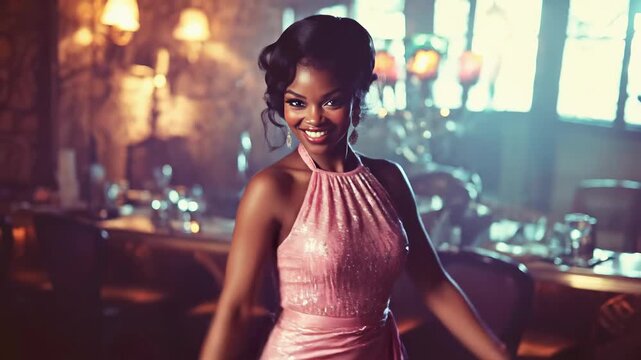 A sophisticated woman in a pink gown enjoys herself with a jazz dance. She is indoors, possibly at a party or event, during an evening. The light is soft, and her movements are graceful