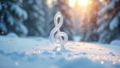 Fototapeta premium Icy treble clef sculpture stands in winter forest. Frozen music symbol shines in snowy landscape. Crystal musical note decorates woodland in cold winter season. Winter holidays celebration with