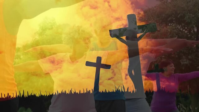 Fitness trio stepping into side-stretch on grass as overlay pulsing cross grass outlines for health