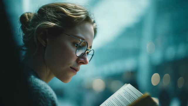 A thoughtful young woman wearing glasses is deeply engaged in reading a book, sitting in a tranquil, softly lit environment. The blurred background creates a calm, introspective mood
