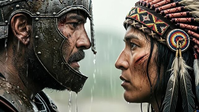 Stern European warrior wearing metal armor gazes directly at a serious Indigenous American man in a feathered headdress during heavy rain, a powerful cultural meeting.