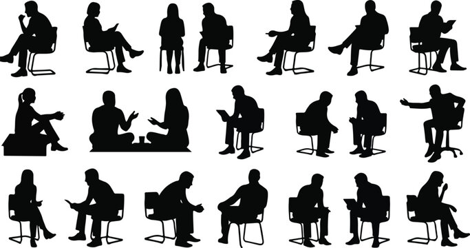 Diverse collection of people silhouettes sitting in various poses and activities