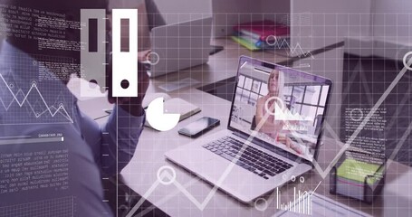 Speaker gesturing on laptop screen causing cloud icon and analytics for remote data discussion - Powered by Adobe