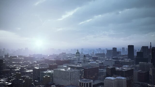 dawn metropolis skyline with cinematic glow, city lights fading into brightening horizon, highrise silhouettes and domed landmark framed by sweeping clouds,
