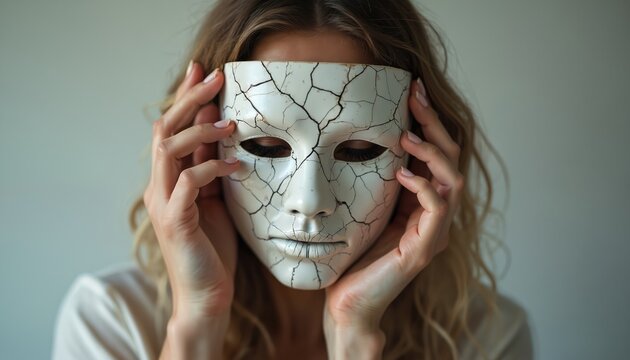 Woman holds cracked mask over face. Removing facade, revealing true self and hidden emotions. Close up portrait of inner turmoil, identity crisis, and vulnerability.