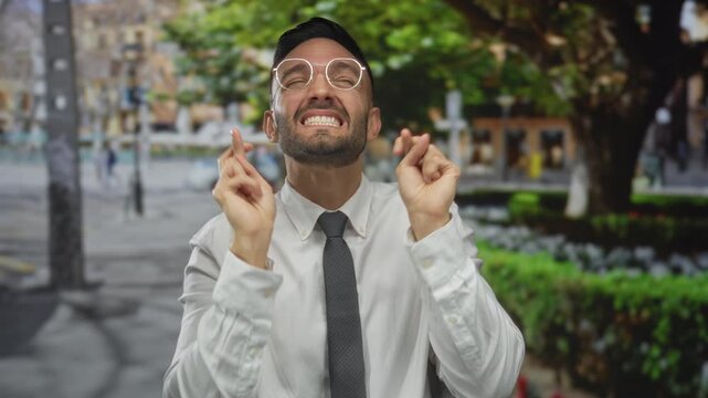 Young man with glasses crossing fingers on a city street with colorful trees in the background feeling hopeful and optimistic in an urban outdoor setting.