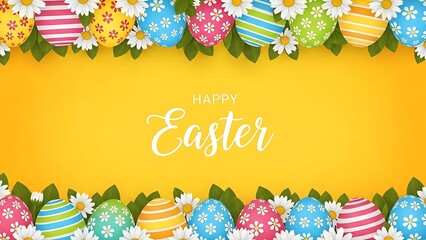 Colorful easter eggs and flowers on a yellow background with happy easter greeting