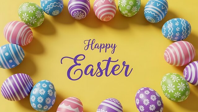 Colorful decorated easter eggs arranged in a circle on a yellow background with happy easter text - Powered by Adobe