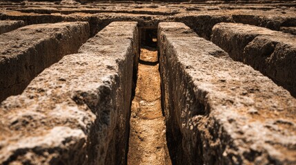 Fototapeta premium Stone channels form an ancient water system used for irrigation in a historical setting. The structure reflects early engineering methods.