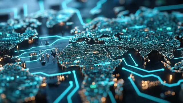Digital world map displaying glowing continents, intricate blue circuit lines, symbolizing global data communication, technology spreading worldwide.