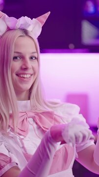Cute anime cosplay pink maid girl portrait show kitten nyan pose