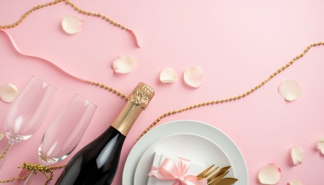 Valentines day dinner concept. Top view table setting for romantic dinner with bottle of wine champagne and two glasses on pink