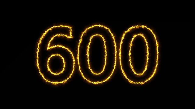 glowing neon text 600 number countdown icon. flickering neon number 600 on black background.