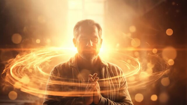 Mature man deeply devoted, hands clasped in prayer, surrounded by brilliant sacred golden light, a powerful spiritual aura emanating, profound reverence, inner peace.
