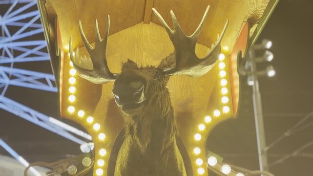 Moose head decoration at nighttime carnival