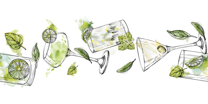 Fresh green cocktails, martini daiquiri coupe glass, mojito or lemonade in highball. Lime, olive and mint garnish. seamless strip header hand drawn in watercolor and ink. Cafe branding and posters.