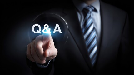 The QandA concept illuminated by businessman pointing to glowing virtual button on touchscreen