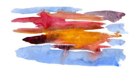 Multicolor watercolor brush strokes in blue, orange and red tones like sunset reflections. Hand drawn isolated illustration for creative branding, travel themes, abstract posters and lifestyle design. © Elena
