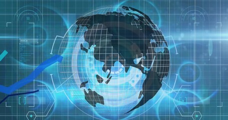 Animation of financial data and graphs over globe rotating on blue background - Powered by Adobe