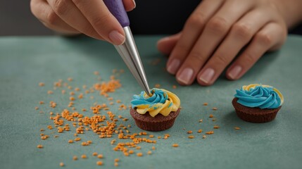 Decorating cupcakes with frosting