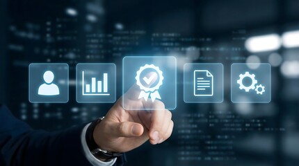 Fototapeta premium Quality assurance concept. Businessman touching Quality assurance icon on digital screen for ISO certification and standardization. certificate, approval, compliance to requirements.