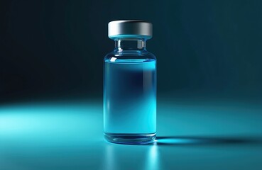 Clear glass vial with blue liquid on gradient background. Medical lab container, substance sample. Pharmaceutical research, vaccine development. Sterile medicine, healthcare innovation, biotechnology